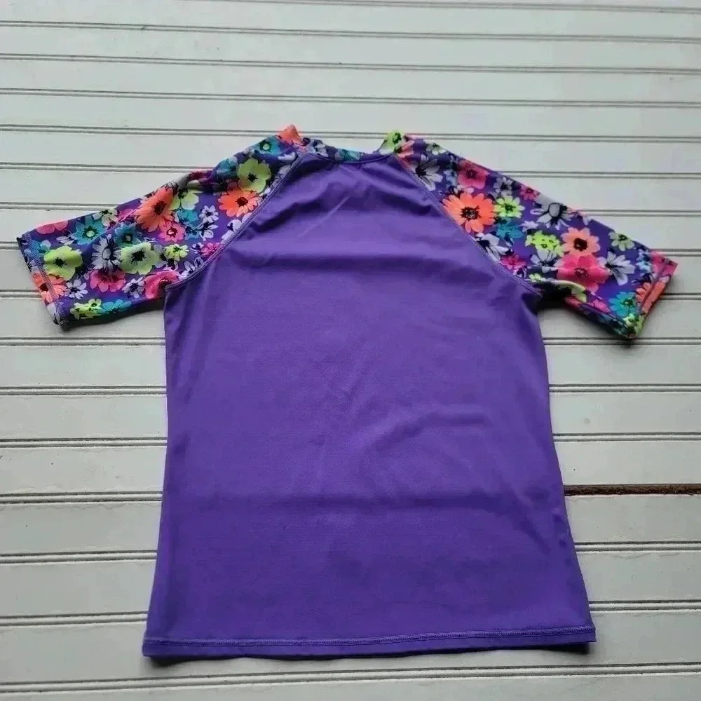 Justice Beach Hair Dont Care Purple Girls Surf Rashguard Swim Shirt Floral Sz 14